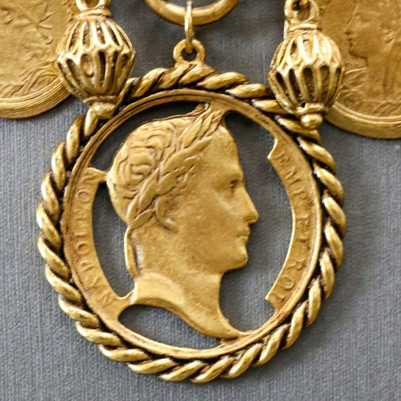 Napoleon Coin Gold Tone Bib Necklace - Picture 2 of 12